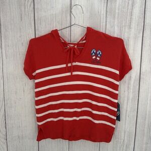 Life Is Good Sweater Womens SMALL Red White Stripe Short Sleeve Hoodie USA Beach